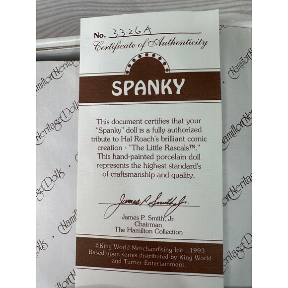 VTG 90s Spanky Porcelain Doll Little Rascals Boxed with COA Hamilton Collection - Picture 5 of 8